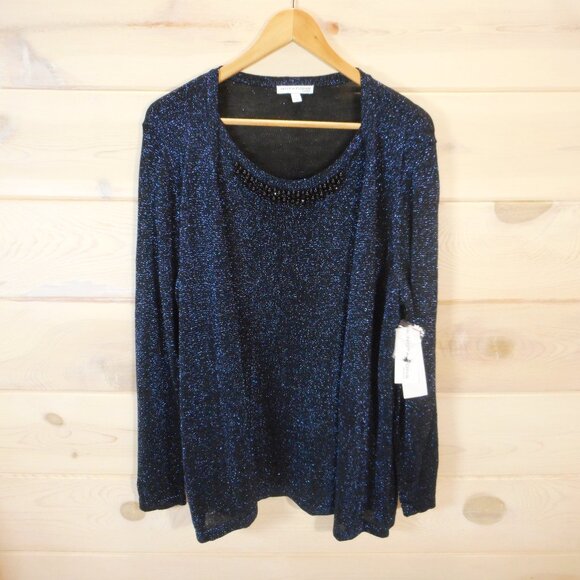 NWT Notations Women's plus size 1X Long Sleeve Cardigan Top Beaded Metallic Blue - Picture 1 of 16